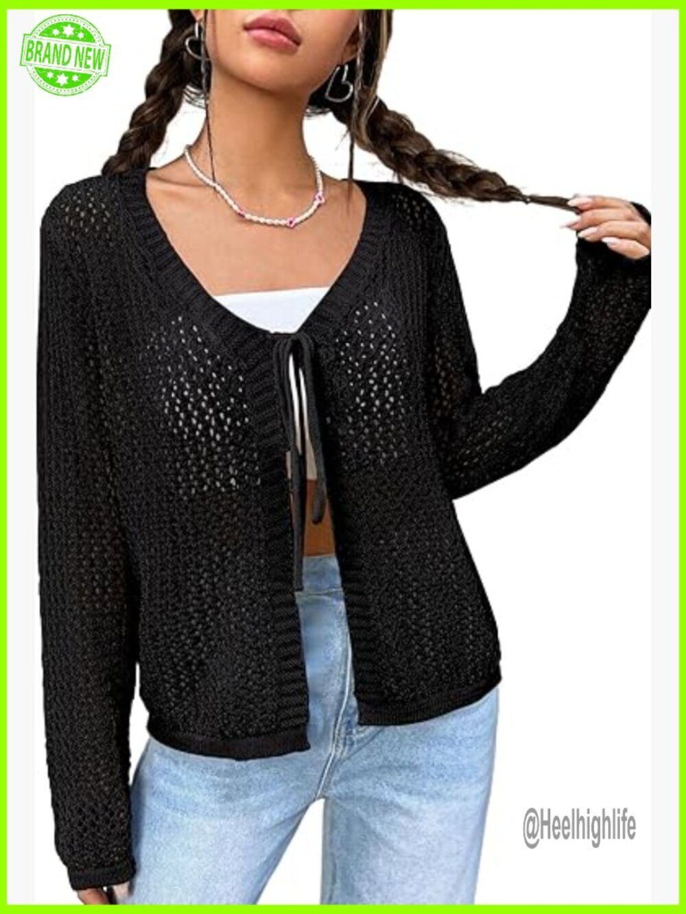 Lightweight Crochet Cardigan Tie Front Shrug Knit Crop Top